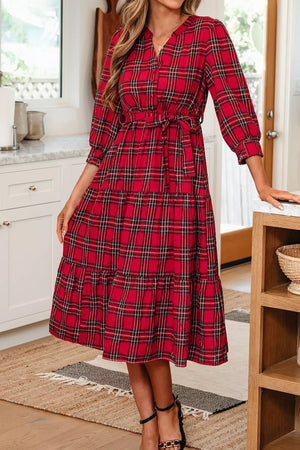 Christmas Plaid V Neck Tie Waist Midi Dress option 6