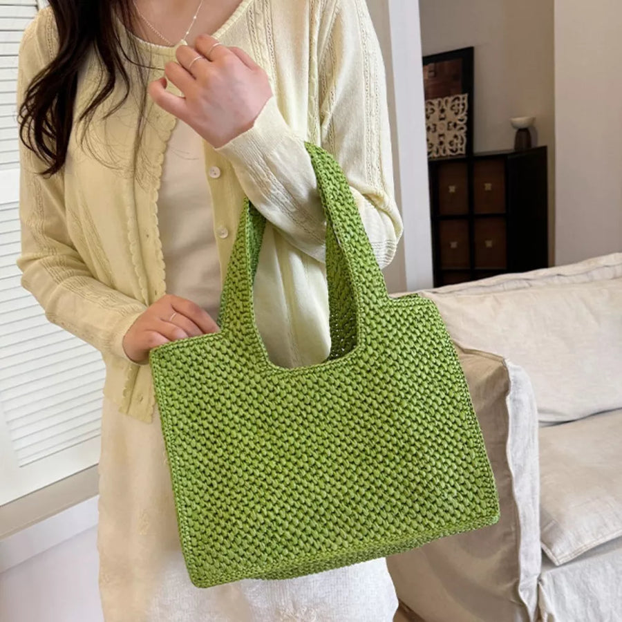 Green with Woven Straw Handbag