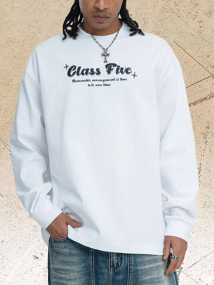 White cotton blend long sleeve tee with black graphic text on chest.