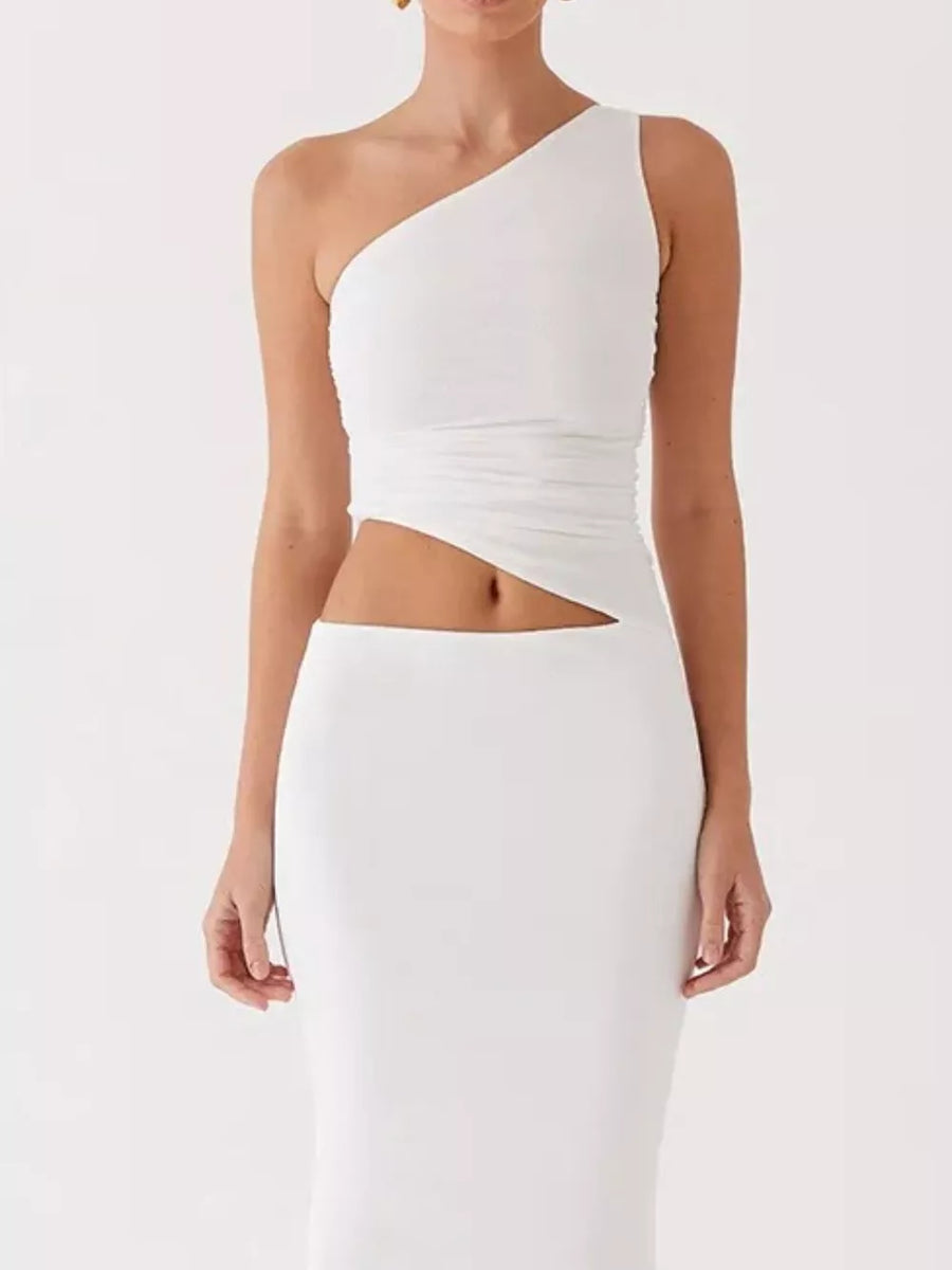 White one-shoulder cutout maxi dress with ruched detail