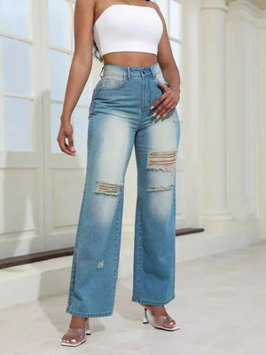 Ripped High-Waisted Distressed Wide-Leg Jeans in Light Green with distressed