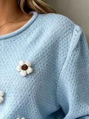 Floral Applique Textured Knit Sweater Plus Size in Black