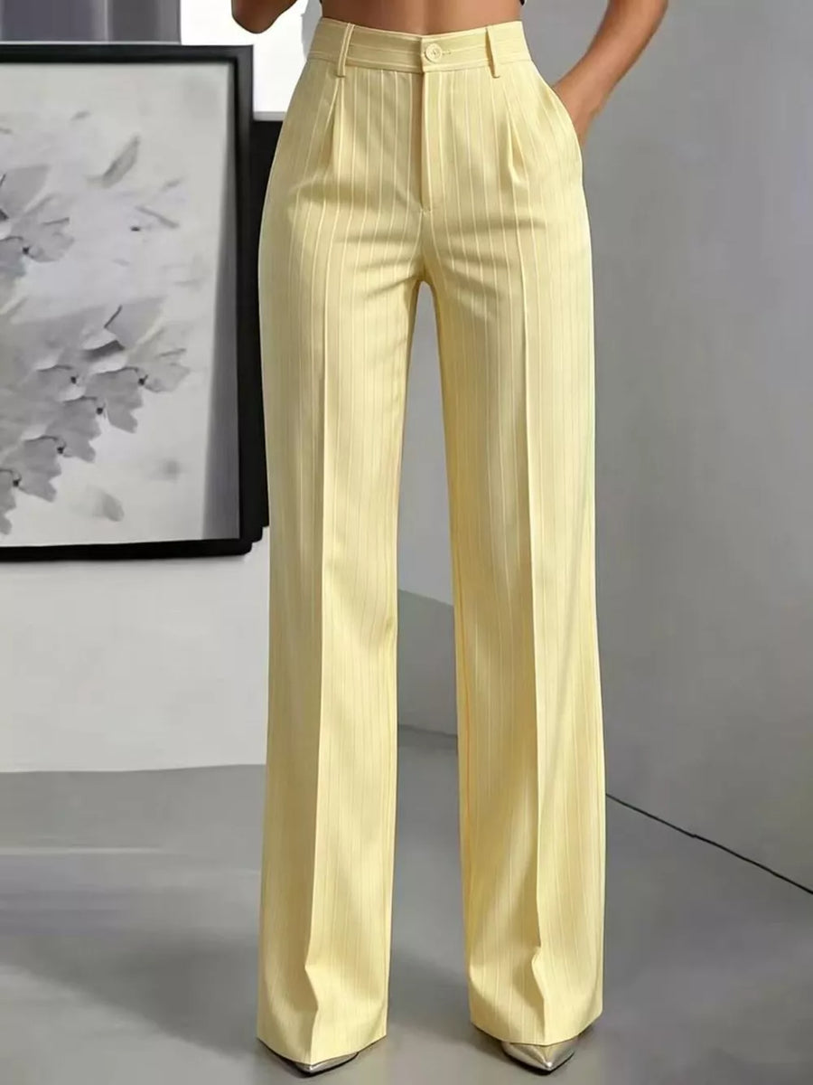 Dark Green wide-leg pants featuring buttoned and striped