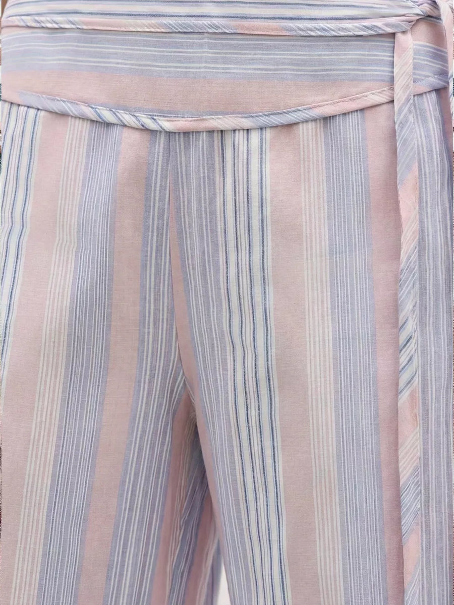 Striped Wide-leg Pants With Tie Waist in Blue, view 15