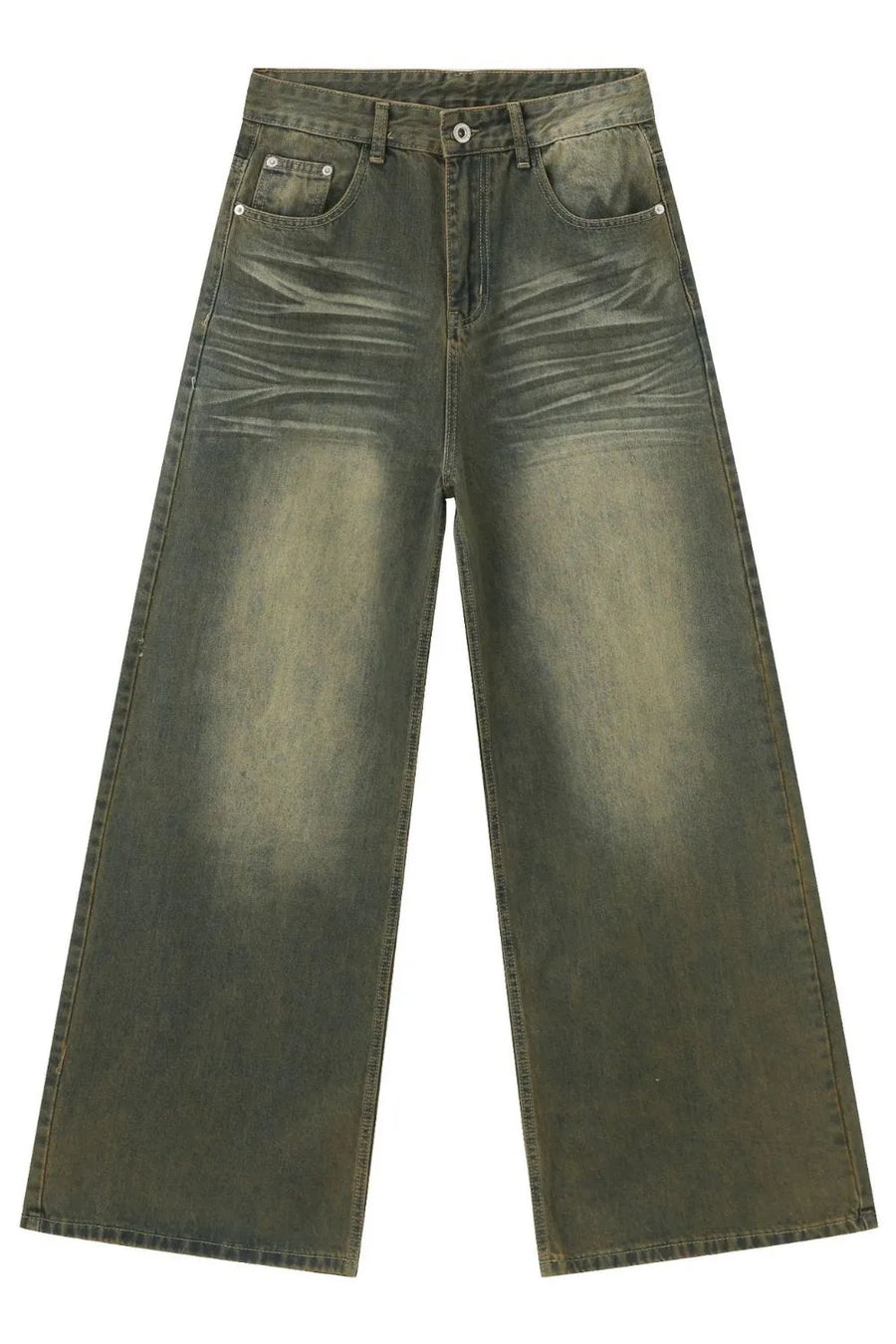 Dark wash vintage palazzo denim trousers with wide legs and distressed details.