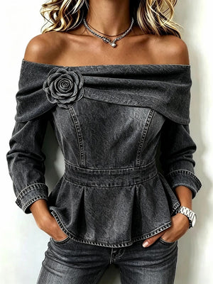 Light Blue off-shoulder top with washed and long sleeve