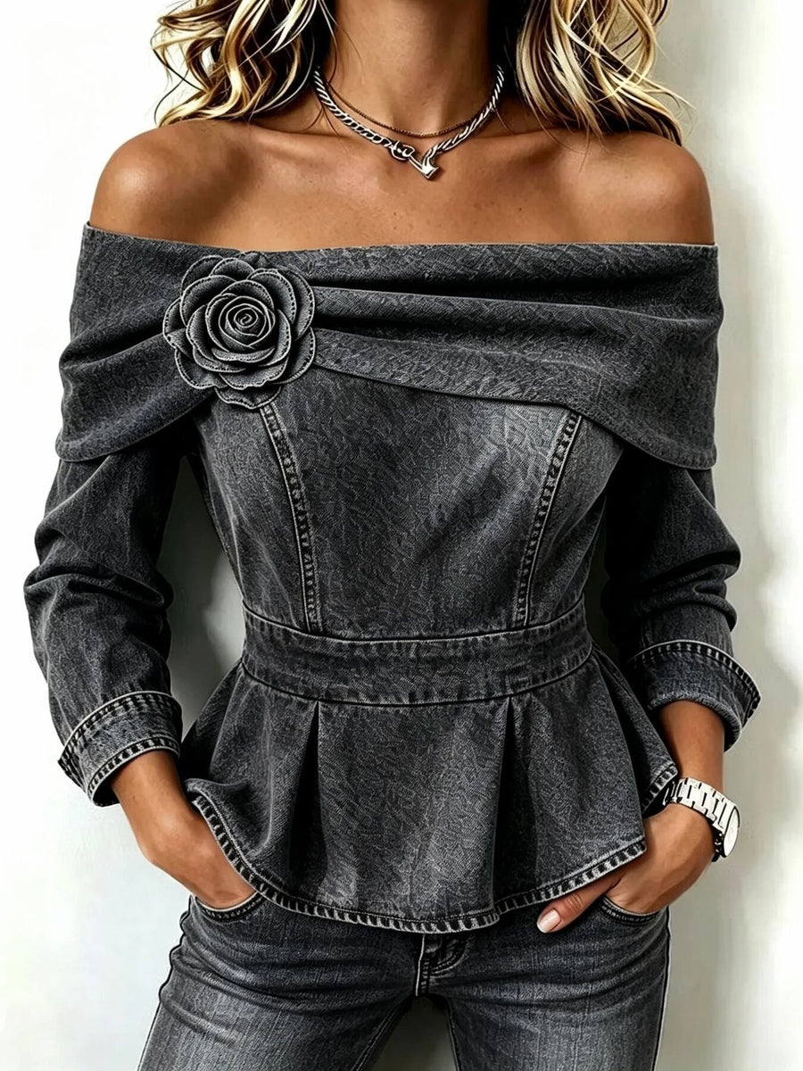 Light Blue off-shoulder top with washed and long sleeve
