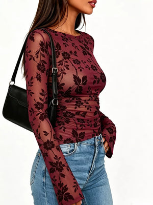 Burgundy blouse with pullover and floral