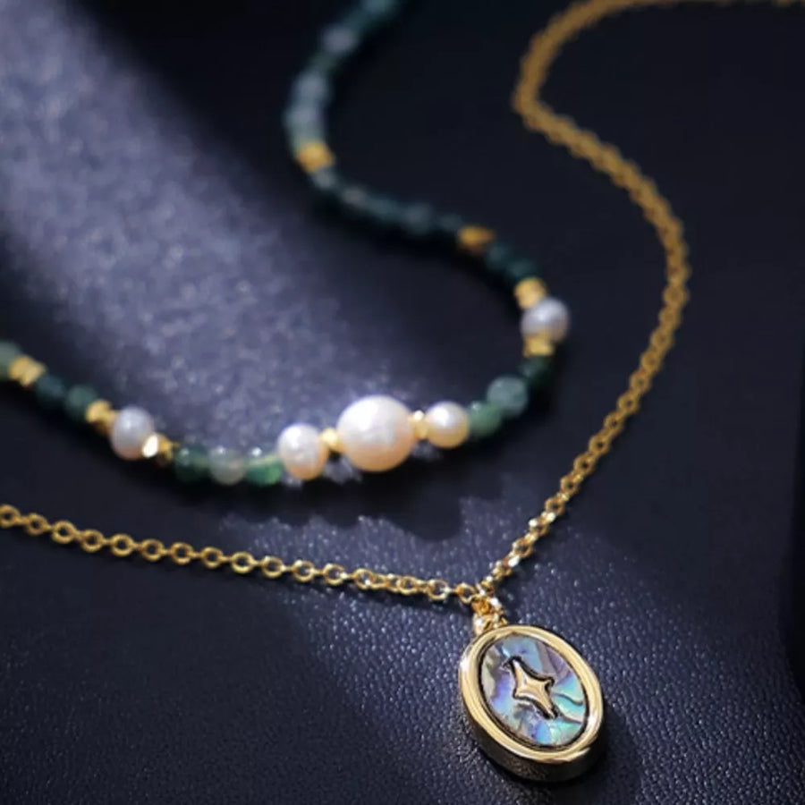 Freshwater Pearl, 18K Gold-Plated, Natural stone, Brass, Abalone shells Care ins necklace in dark green with layered