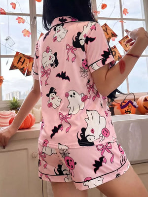 pajama set featuring Halloween print in Purple with 100% polyester Care instructions: Machine wash cold texture