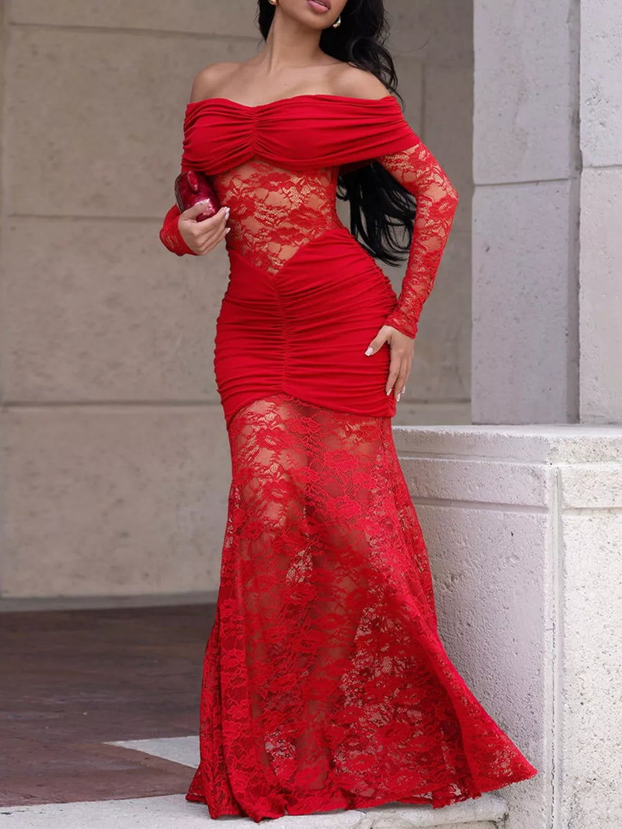 red maxi dress with lace and off-shoulder