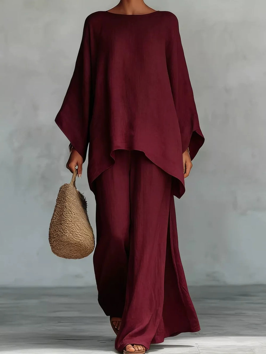 Casual Loose Fit Top And Pants Two-piece Set in Wine Red with plus-size
