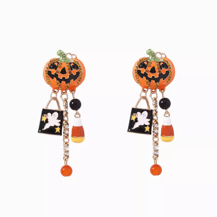 earrings in orange with graphic and dangle