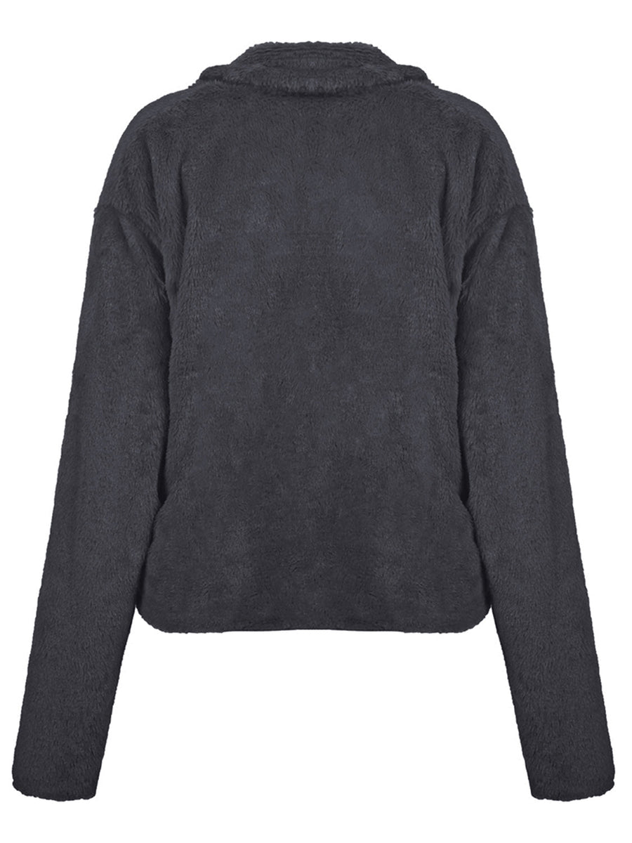 Dark gray faux fur biker jacket with a plush texture and relaxed fit.