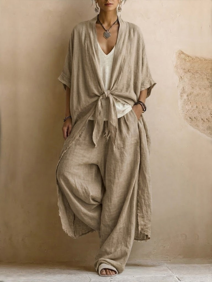 two-piece set in khaki featuring tied and relaxed fit