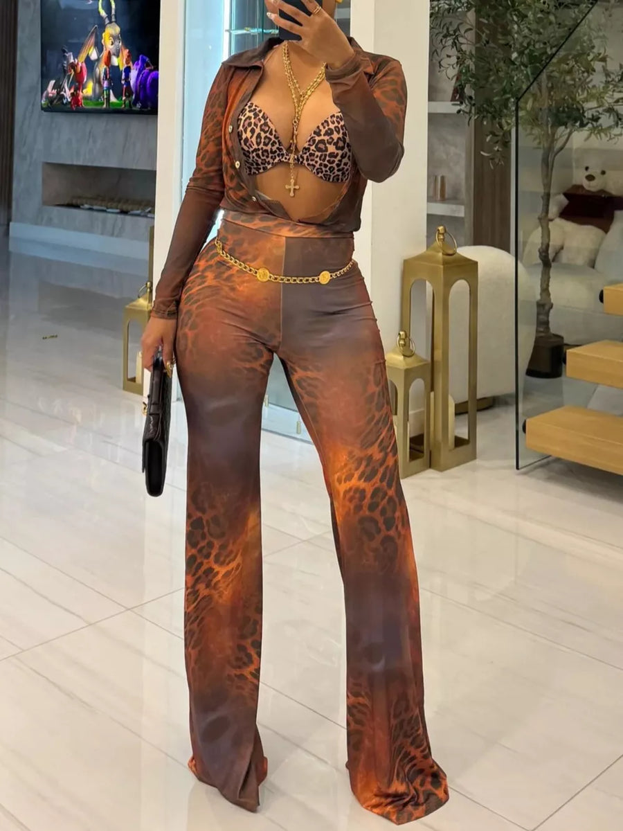 Leopard Printed Mesh Shirt And Pants Set