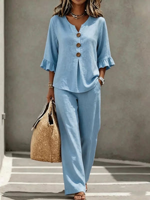 Navy Blue Decor Button Ruffled Top & Wide-leg Pants Set Plus Size
