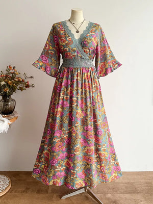 Floral lace-trimmed surplice maxi dress in viscose with a deep rose floral print and kimono sleeves.