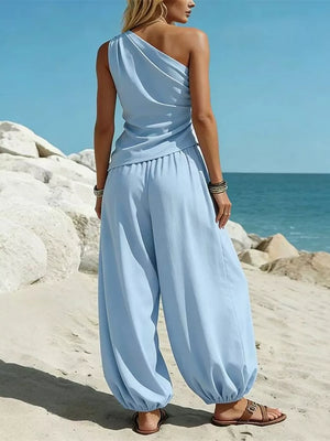 Sky blue one-shoulder top and wide-leg pants set with draped detail
