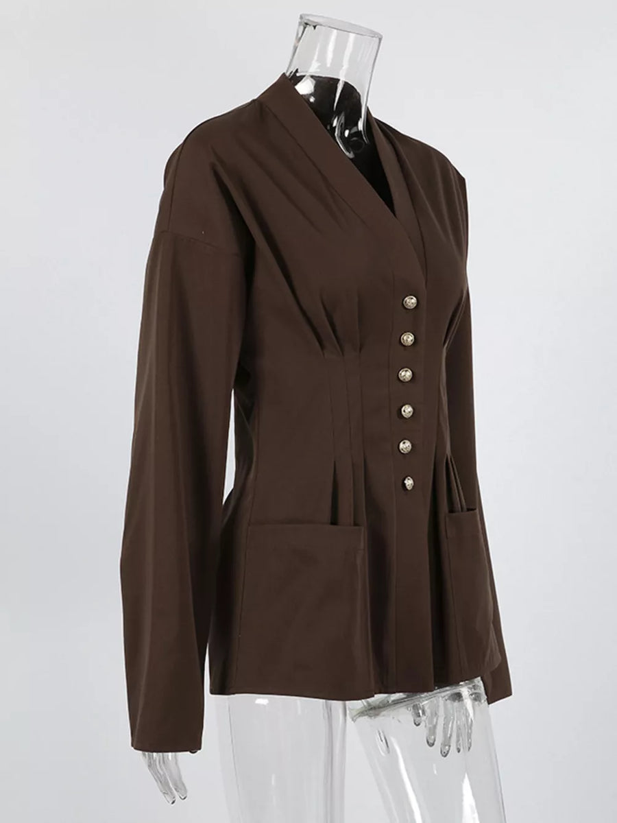 dark brown blouse with ruched and long sleeve