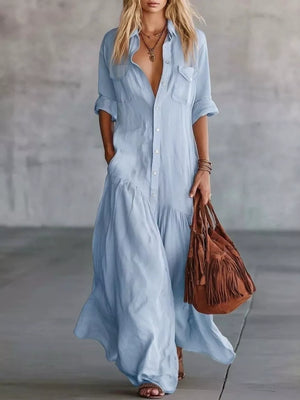 Burgundy Button Front Roll-up Sleeve Maxi Dress Plus Size