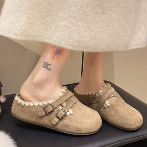 Decorative Buckle Slip-On Flats in Dark Brown with fluff lining