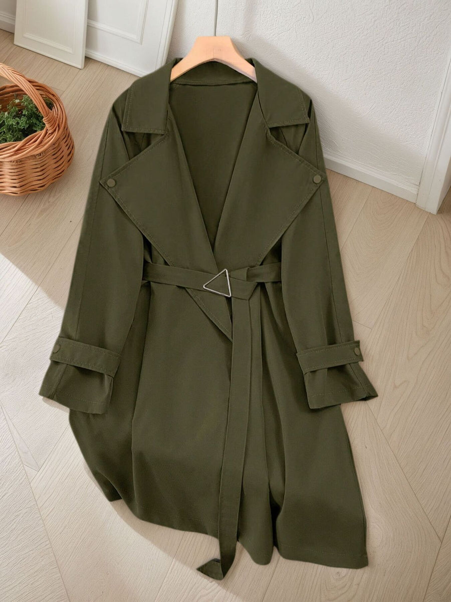 Lapel Collar Longline Trench Coat in Khaki with buttoned