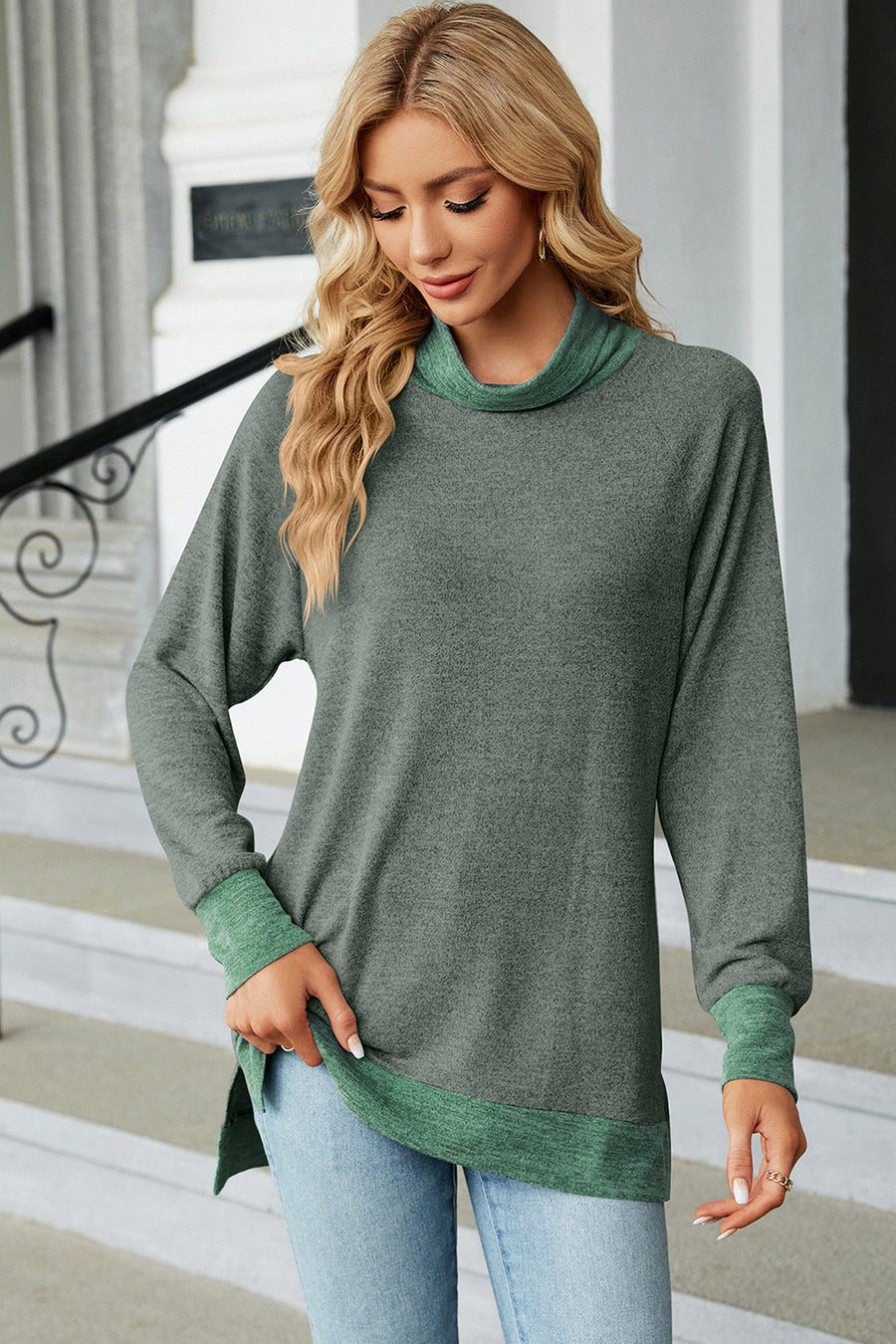 Colorblock raglan turtleneck tunic in heather gray with green accents at the collar, cuffs, and hem.