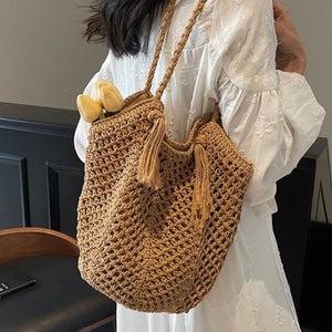 handbag featuring crochet in Khaki with Polyester Imported Size & texture