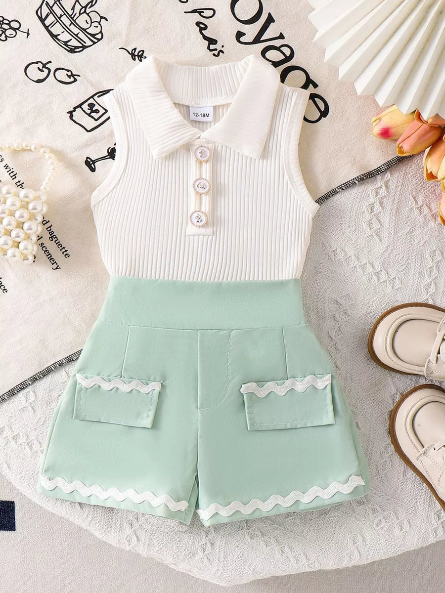 Green with Children's Ribbed Knit Polo Top & Scalloped Shorts Set