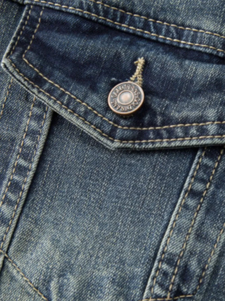 Dark denim jacket with hip-length and button-front