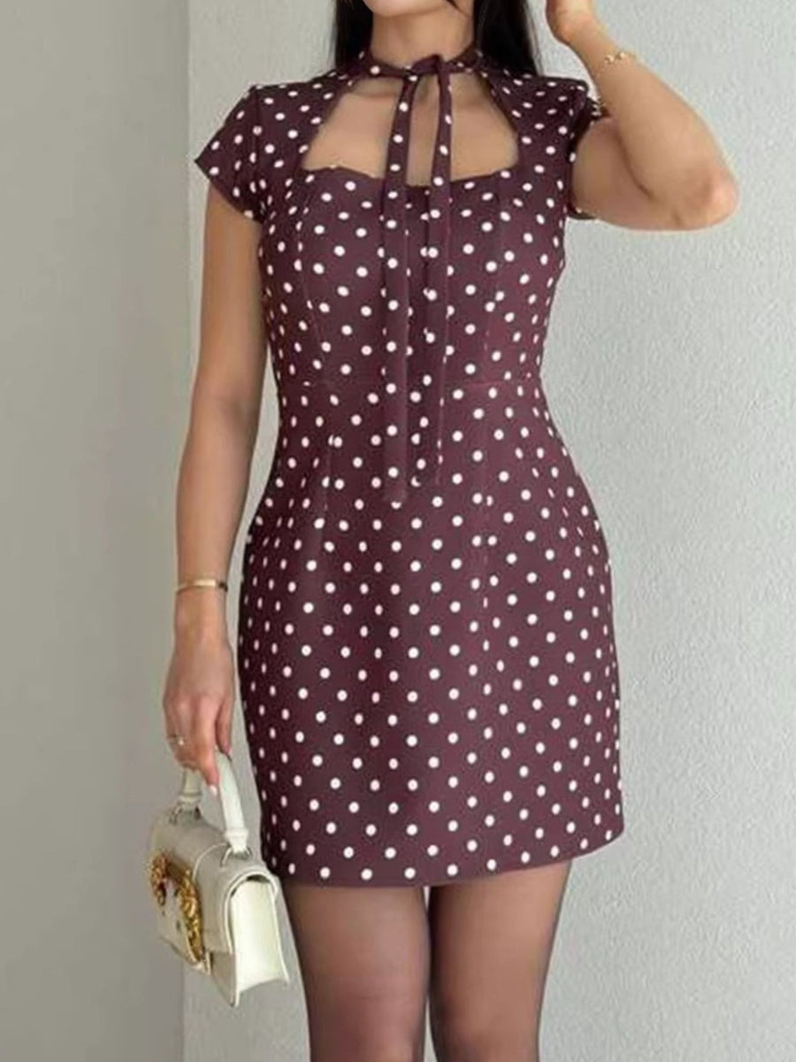 burgundy mini dress with polka dot and keyhole