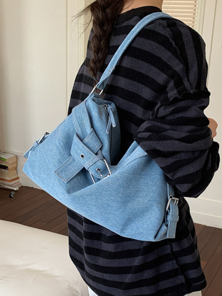Buckle Detail Denim Shoulder Bag in charcoal with buckle details