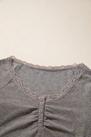 charcoal gray henley with lace detail and long sleeve