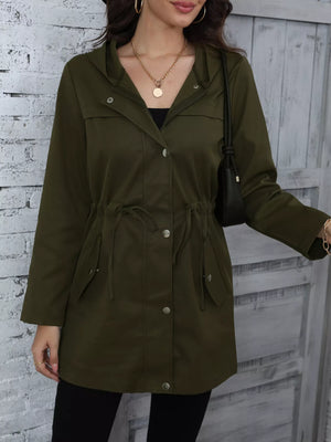 Hooded drawstring casual jacket in army green with button front and pockets.