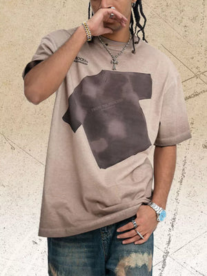 Men's khaki cotton blend t-shirt with distressed graphic print and text.