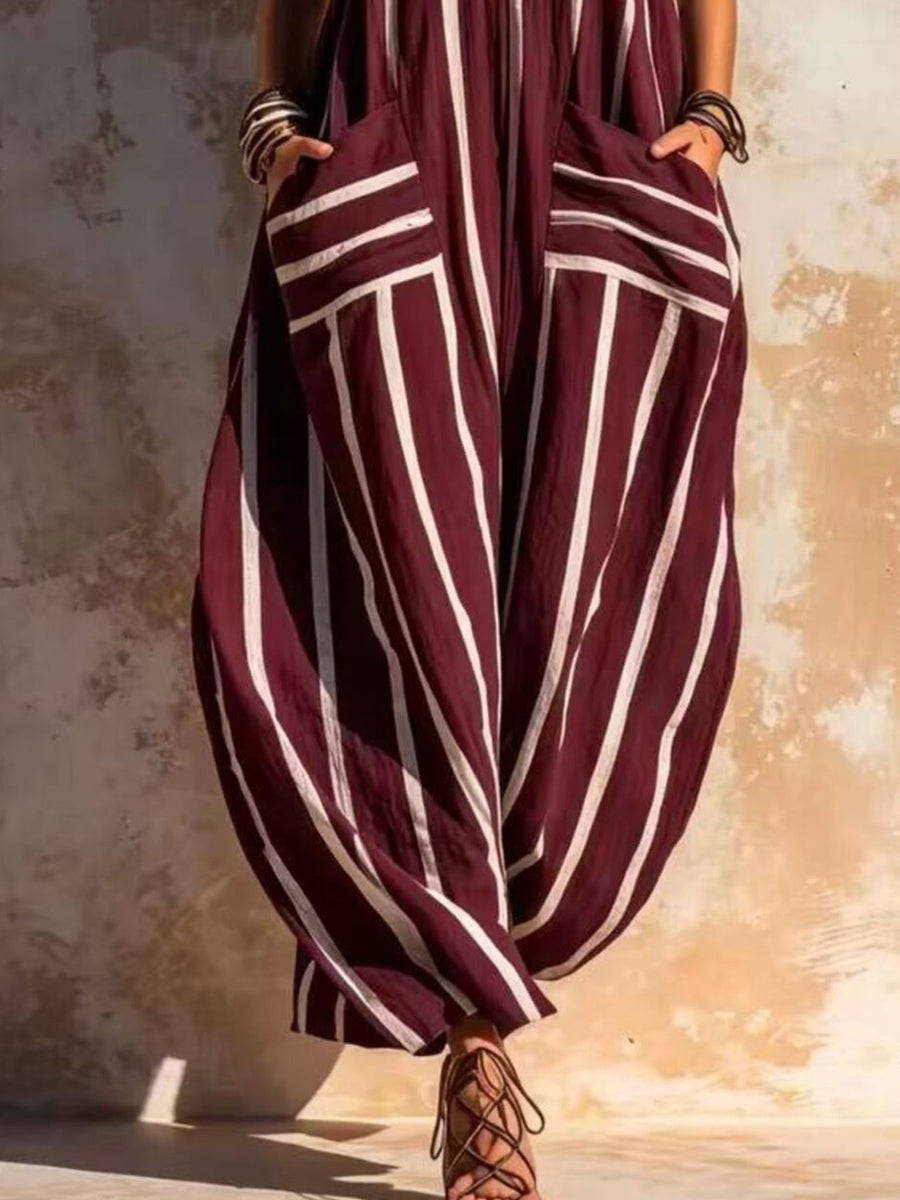 Striped V-Neck Sleeveless Wide-Leg Jumpsuit in Dark Gray with pocketed