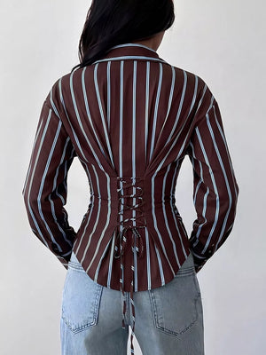 dark brown button-down shirt with hip-length and button-front