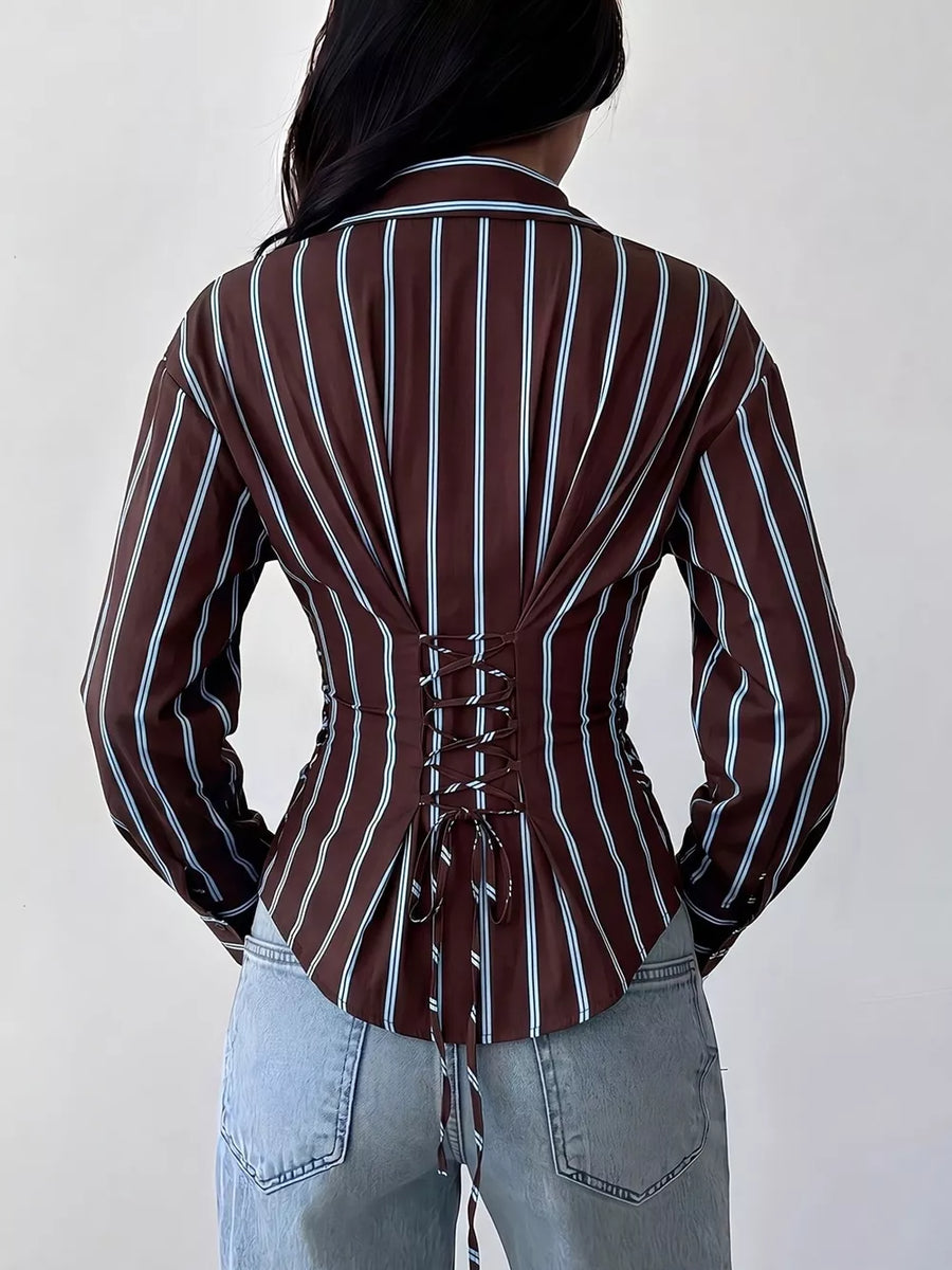 dark brown button-down shirt with hip-length and button-front