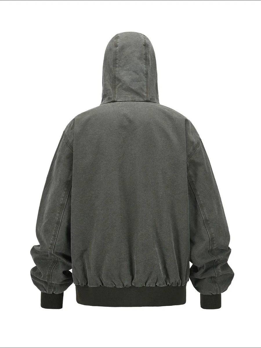 Washed canvas workwear hoodie jacket in Army Green with a ribbed hem and cuffs.