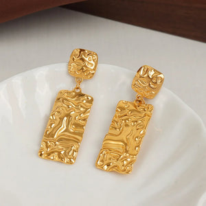 Gold-plated crinkle rectangular drop earrings with textured square tops.