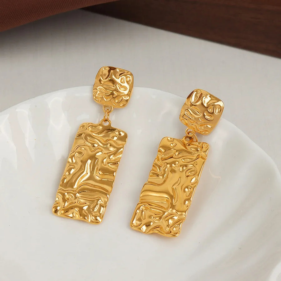 Gold-plated crinkle rectangular drop earrings with textured square tops.