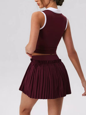 Sleeveless Top And Pleated Skirt Active Set in Dark Red with pleated