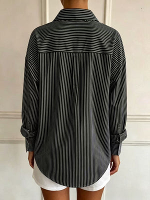 Full Size Striped Button-Down Long Sleeve Shirt in Black with buttoned