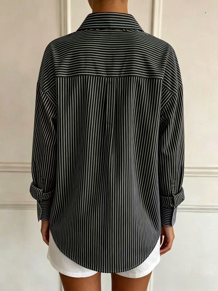 Full Size Striped Button-Down Long Sleeve Shirt in Black with buttoned