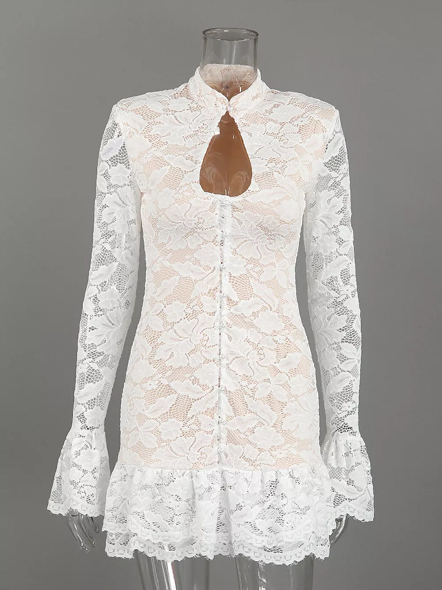 Lace Long-sleeve Ruched Mini Dress in ivory with lace