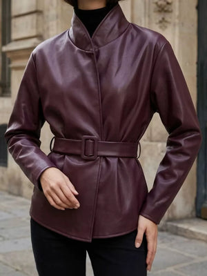 leather jacket in burgundy featuring belted and fitted fit