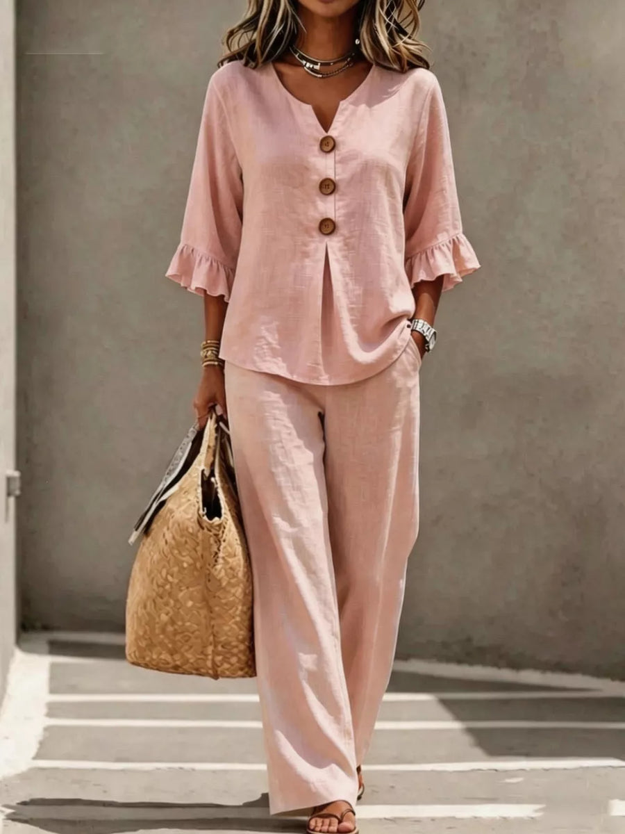 Pink Decor Button Ruffled Top & Wide-leg Pants Set Plus Size
