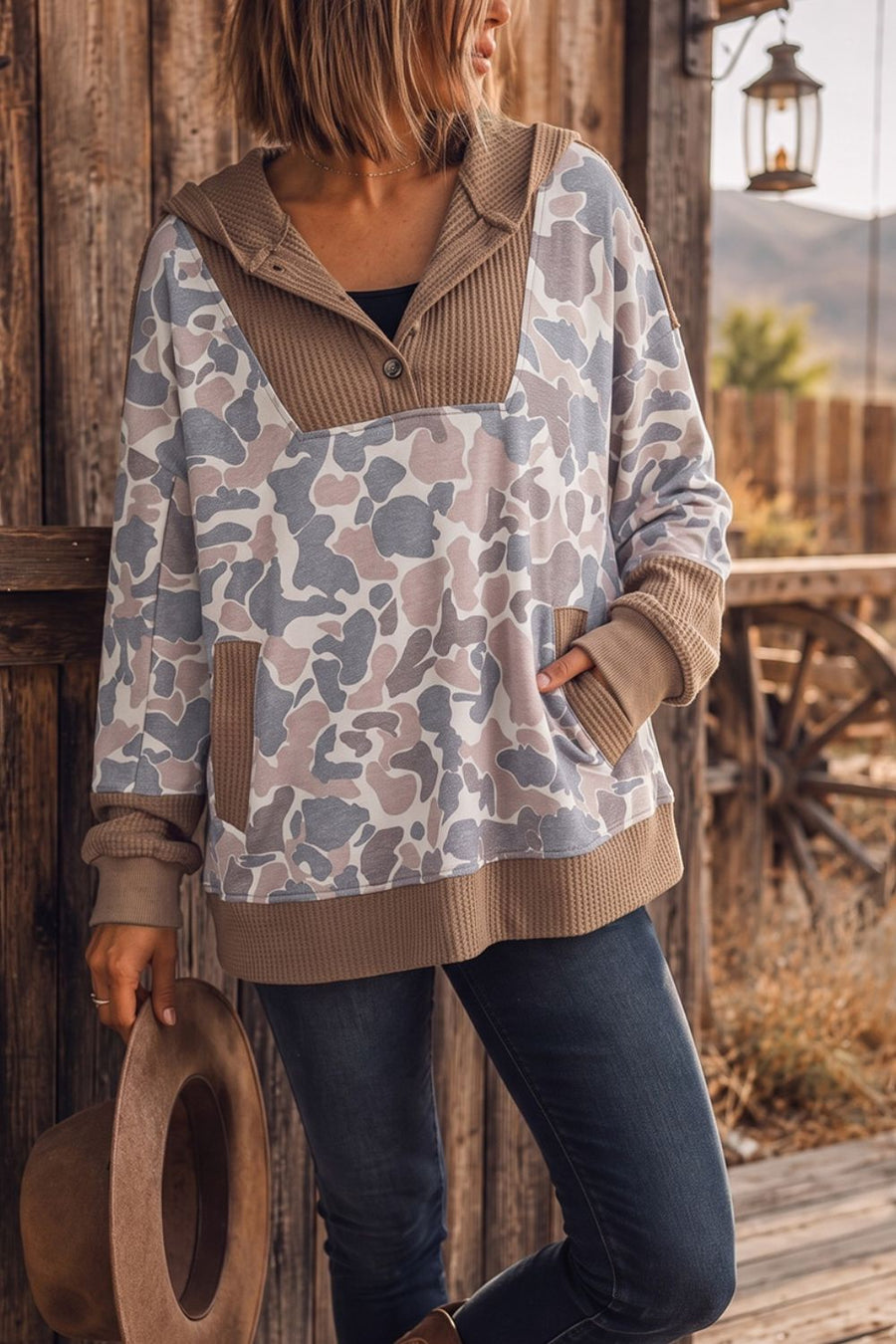 light gray hoodie with camo and hooded