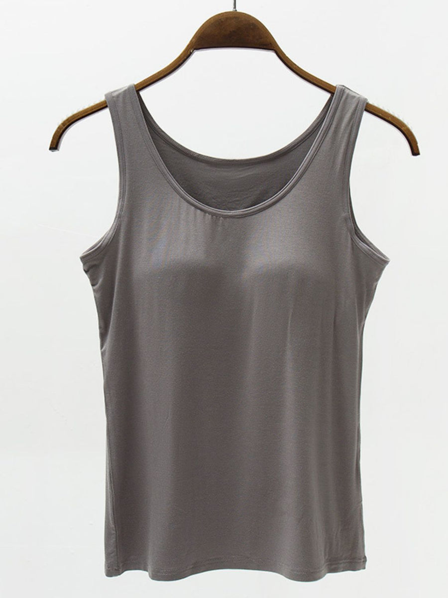 Gray modal tank top with scoop neckline and built-in support.